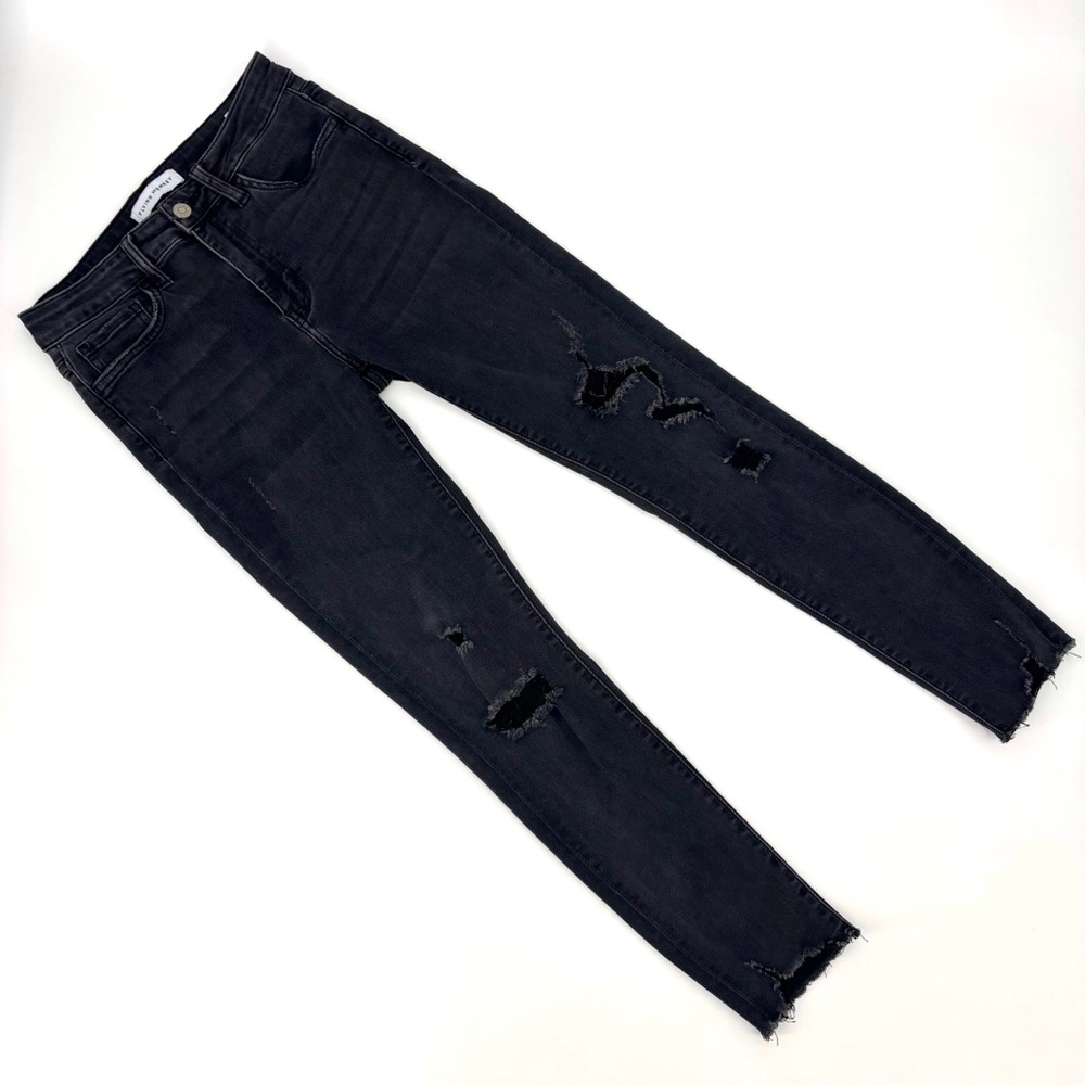 Flying Monkey Black Ally Mid Rise Distressed Raw Hem Skinny Ankle Jeans, 27